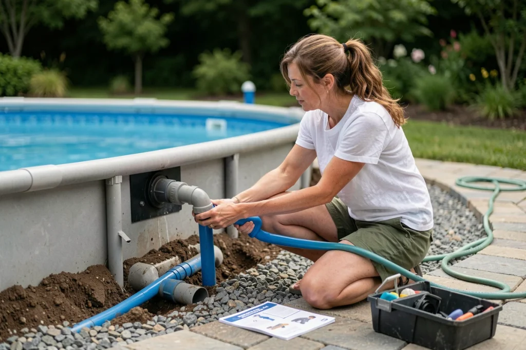 Femme réalisant le raccordement hydraulique d'une piscine coque avec la filtration dans un jardin aménagé