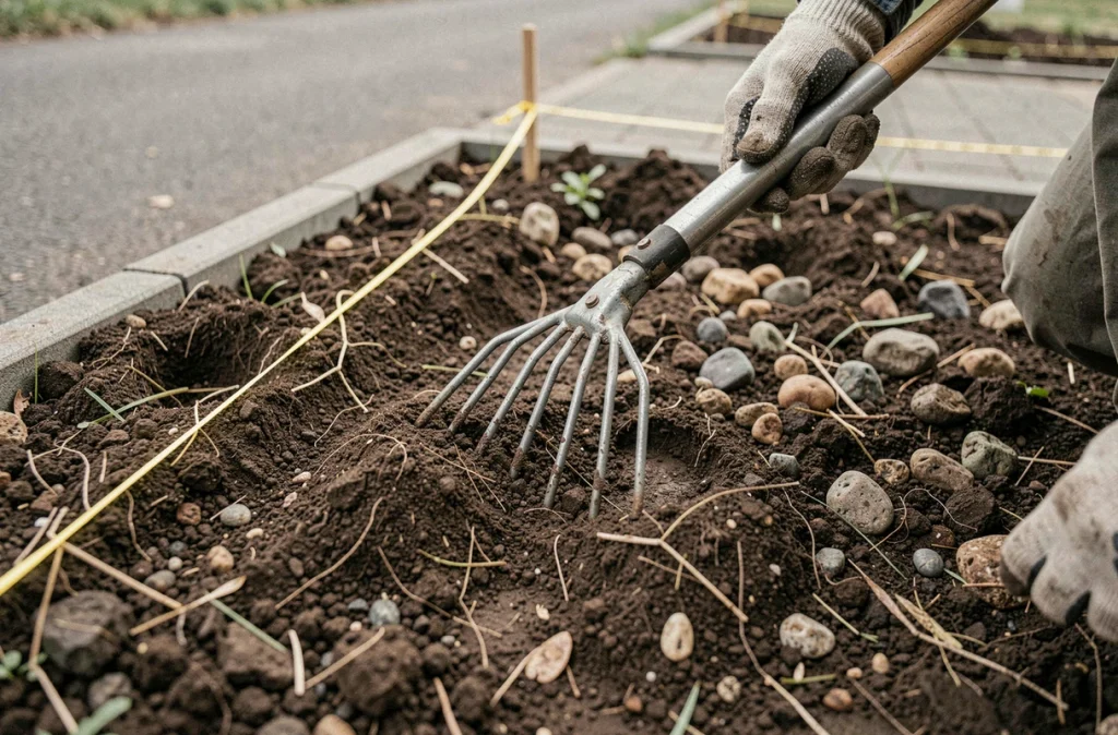 Gros plan sur le râtelage et le nivellement du sol de jardin pour préparer une surface plane avant l'installation de gazon en plaques