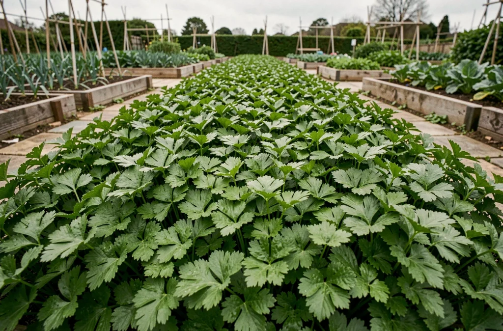 Rangées denses de persil frisé mature en pleine croissance dans un potager bien entretenu, prêt à être récolté