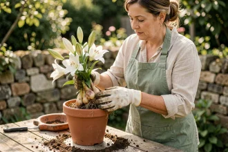 Femme en tablier de jardinage rempotant un bulbe de lys hors d'un pot en terre cuite sur un établi de jardin en bois