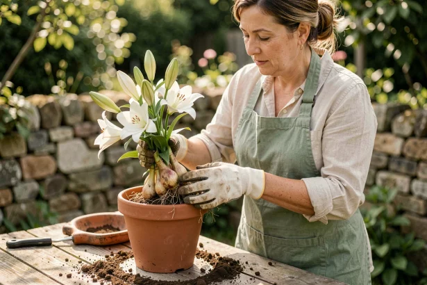 Femme en tablier de jardinage rempotant un bulbe de lys hors d'un pot en terre cuite sur un établi de jardin en bois