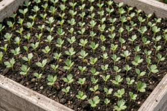 Semis de persil en rangs serrés dans un potager surélevé, jeunes pousses émergeant d'une terre sombre et humide