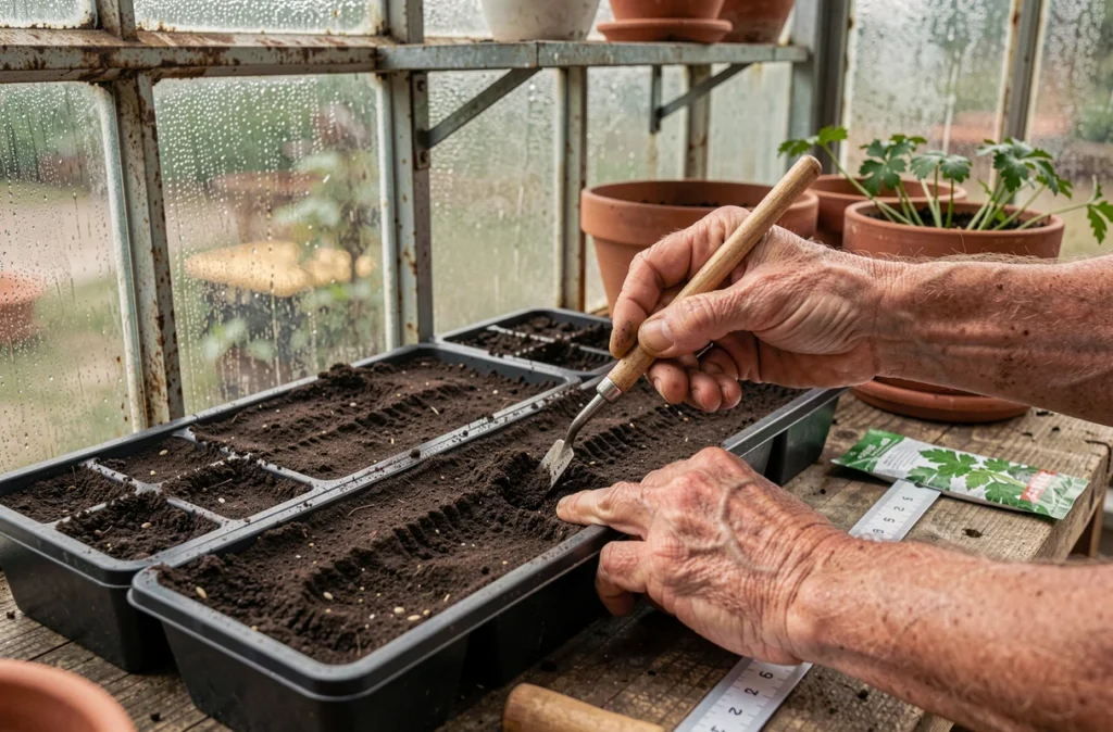 Mains de jardinier traçant des sillons réguliers dans des plateaux de semis pour planter du persil en serre