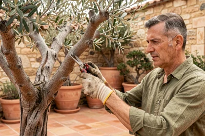Jardinier expérimenté taillant un olivier ancien en nuage sur une terrasse méditerranéenne en pierre