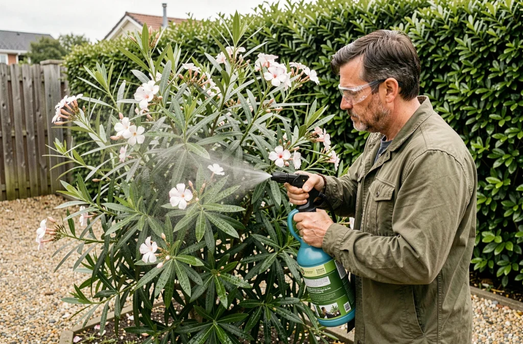 Traitement au spray naturel contre les pucerons sur un laurier rose dans un jardin résidentiel