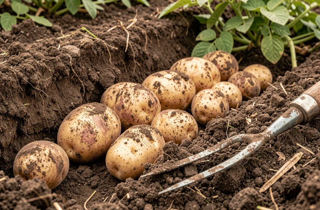 Tubercules de pommes de terre fraîchement récoltés de différentes tailles dans un sillon de terre sombre au potager