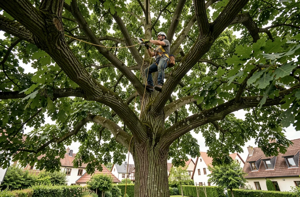 Élagueur certifié équipé d'un harnais de sécurité travaillant en hauteur dans la couronne d'un grand chêne à Colmar