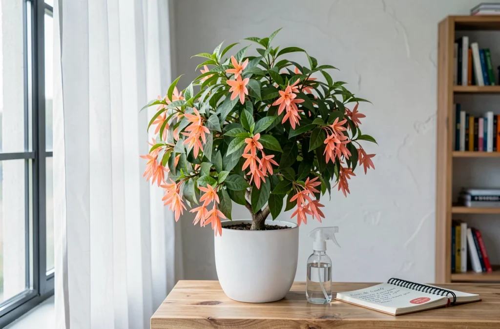 Arbre à crevette taillé en intérieur près d'une fenêtre, avec carnet de soins et spray d'arrosage pour la routine après coupe
