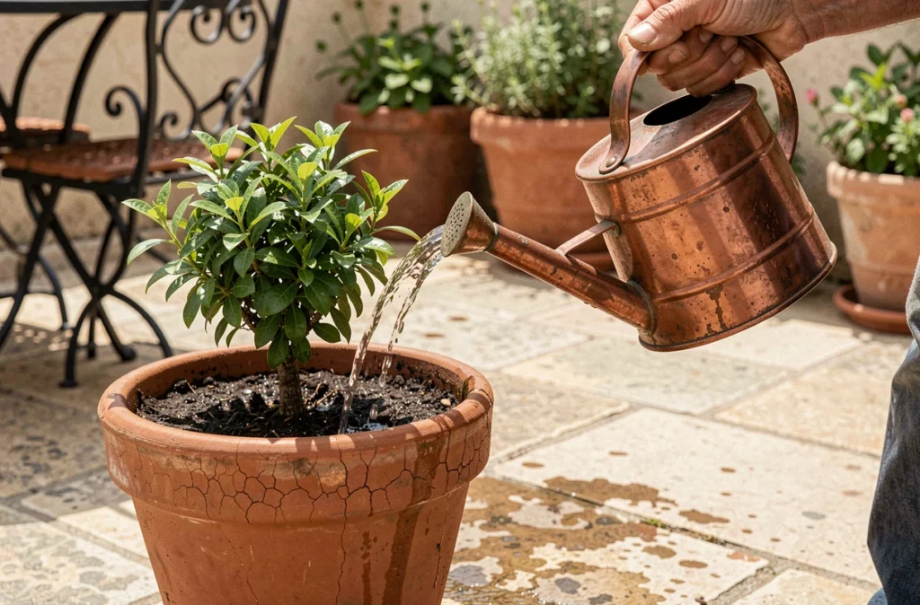 Arrosage d'un arbre à crevette en pot sur une terrasse en pierre après la taille, avec un arrosoir en cuivre