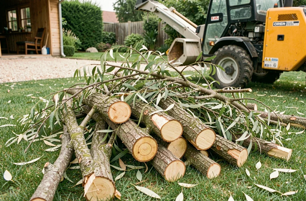 Branches coupées de saule pleureur empilées sur pelouse après un élagage professionnel