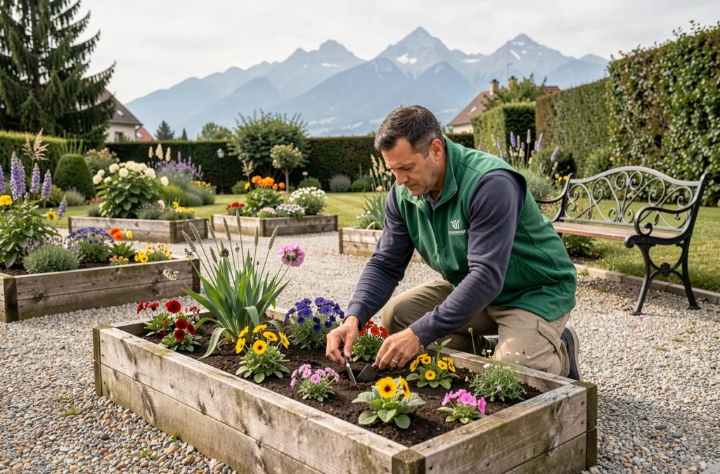 Jardinier de Compania Jardinage Chambéry plantant des fleurs de saison dans un jardin avec vue sur les Alpes
