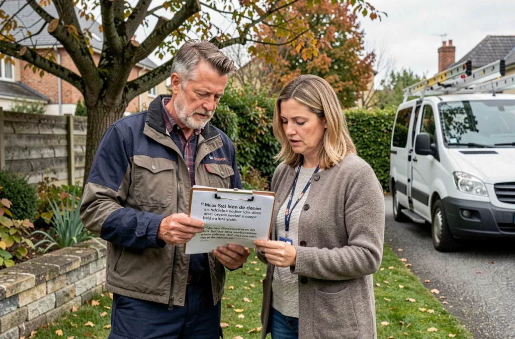 Comparaison de devis d'élagage entre un professionnel et un propriétaire dans un jardin à Reims