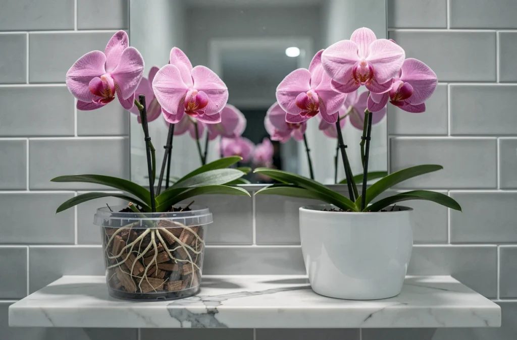 Comparaison d'un pot transparent et d'un pot opaque blanc pour orchidée Phalaenopsis en fleurs sur une étagère de salle de bain