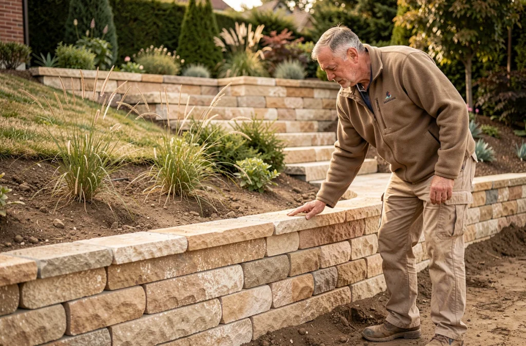 Entrepreneur paysagiste supervisant la construction d'un mur de soutènement en grès alsacien dans un jardin en pente