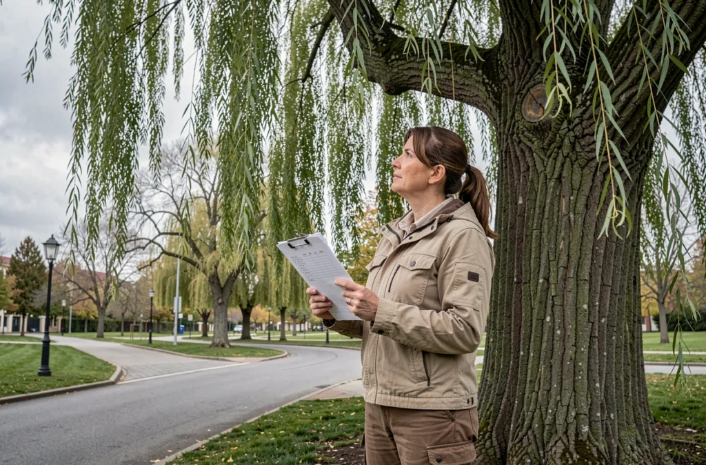 Arboriste évaluant le coût d'un élagage de saule pleureur dans un parc urbain
