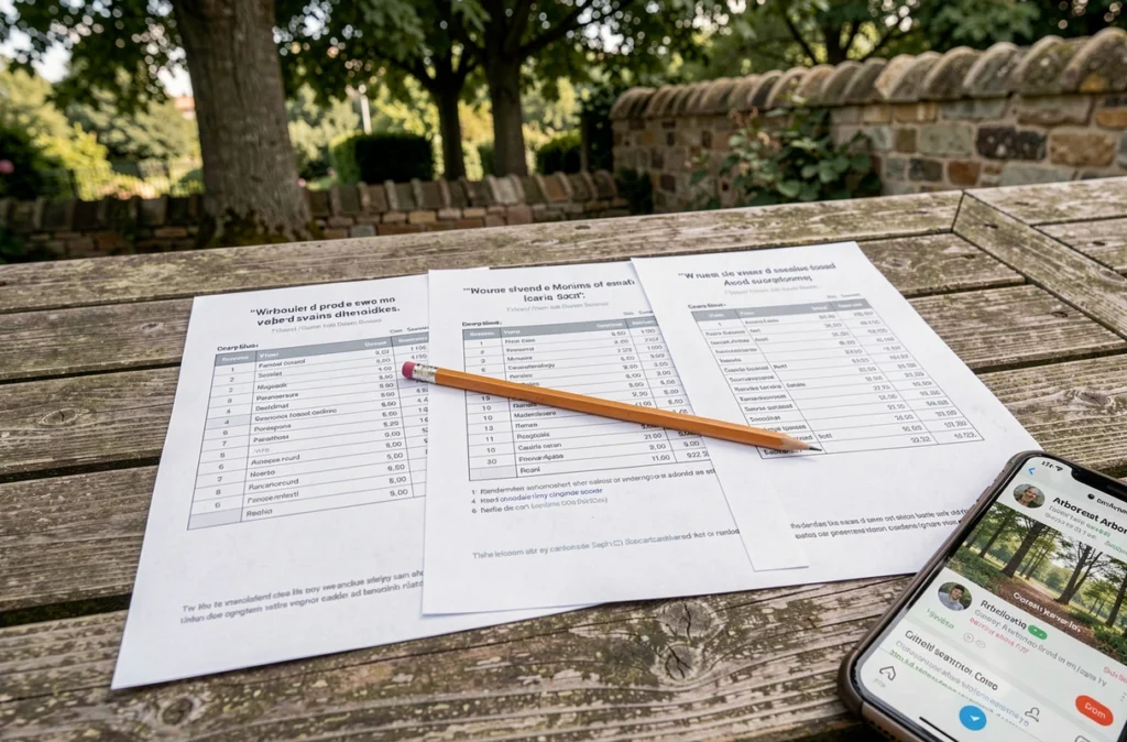 Plusieurs devis d'élagage posés sur une table de jardin pour comparaison à Reims
