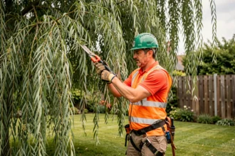 Arboriste professionnel en train d'élaguer un saule pleureur dans un jardin privé