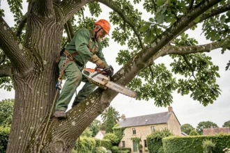 Élagueur professionnel perché dans un chêne avec tronçonneuse et équipement de sécurité dans un jardin rural en Eure-et-Loir