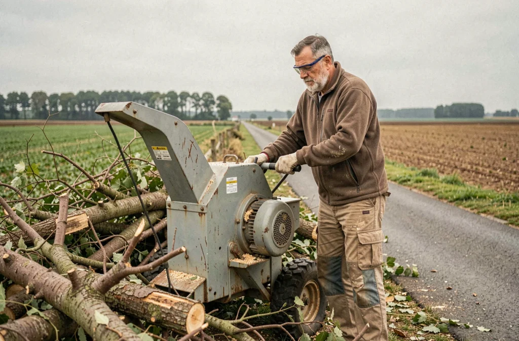Élagueur utilisant un broyeur de branches au bord d'une route agricole dans la campagne d'Eure-et-Loir