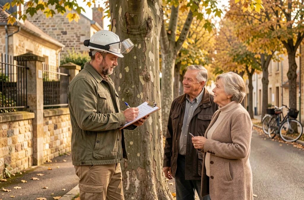 Élagueur en discussion avec des propriétaires devant un platane sur une rue de village des Yvelines