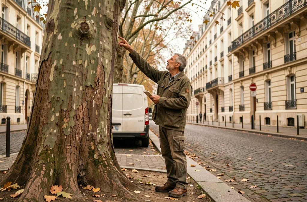 Élagueur évaluant un arbre en milieu urbain dans une rue de Reims avant intervention