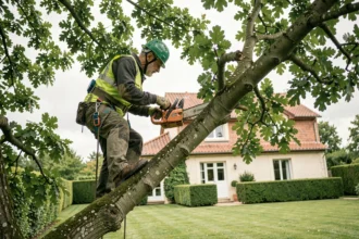 Élagueur professionnel en harnais de sécurité travaillant dans un grand chêne dans un jardin résidentiel des Yvelines