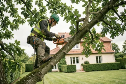 Élagueur professionnel en harnais de sécurité travaillant dans un grand chêne dans un jardin résidentiel des Yvelines