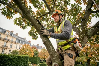 Élagueur professionnel en hauteur dans un arbre à Reims avec équipements de sécurité