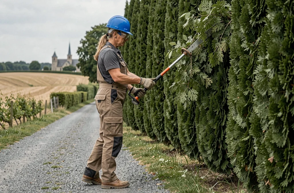 Élagueuse professionnelle taillant des cyprès à la perche élagueuse en bordure d'une propriété dans les Yvelines