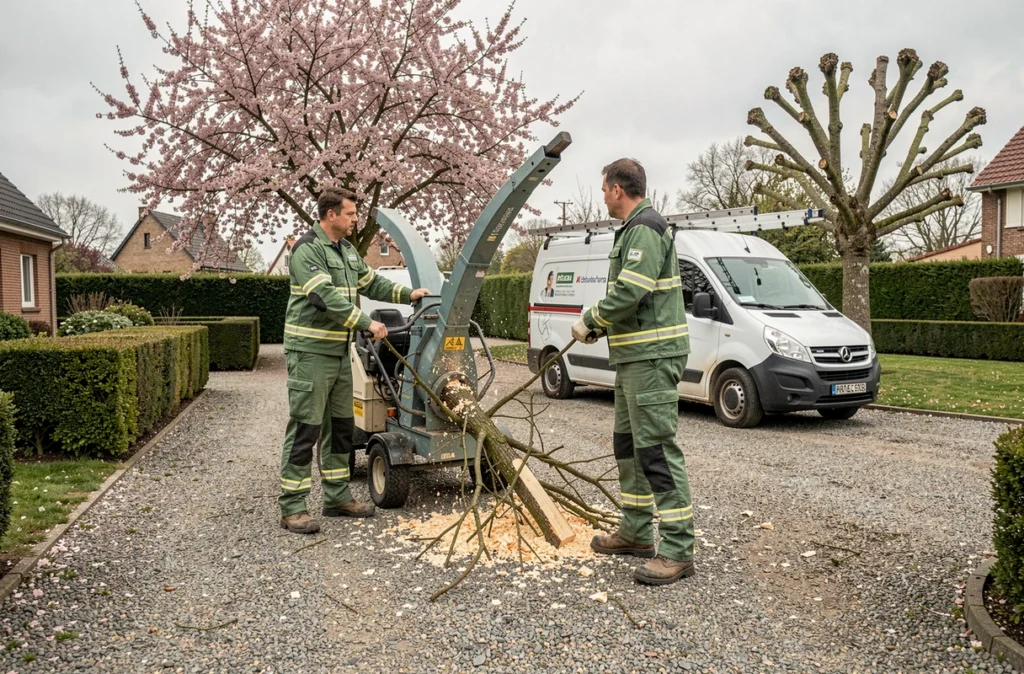 Équipe d'élagueurs utilisant un broyeur de branches dans l'allée d'une propriété résidentielle des Yvelines
