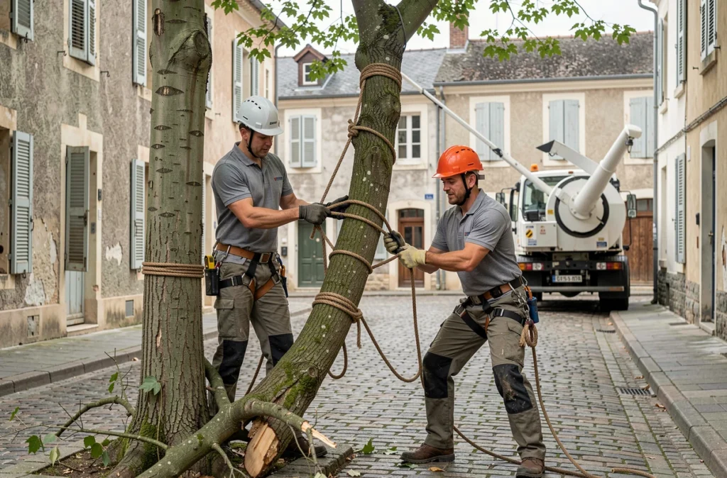 Deux élagueurs abaissant une grosse branche coupée à l'aide d'un système de corde dans une rue d'une ville en Eure-et-Loir