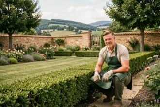 Jardinier professionnel entretenant un jardin résidentiel en Auvergne-Rhône-Alpes avec haies taillées et pelouse verdoyante