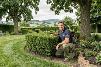 Paysagiste professionnel travaillant dans un jardin résidentiel alsacien luxuriant avec haies taillées et collines en arrière-plan