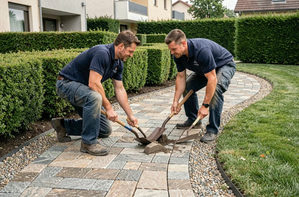 Équipe de Mulhouse Paysages posant des pavés naturels le long d'un chemin courbe dans un jardin résidentiel à Mulhouse