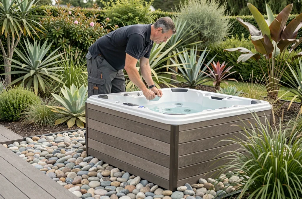 Technicien paysagiste réglant un spa extérieur en bois intégré à une terrasse de jardin alsacien moderne entourée de plantes