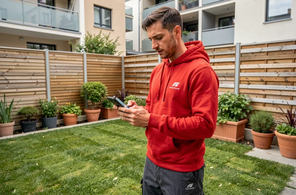 Jardinier de NeedHelp Auvergne-Rhône-Alpes consultant une demande de service sur smartphone dans un jardin urbain