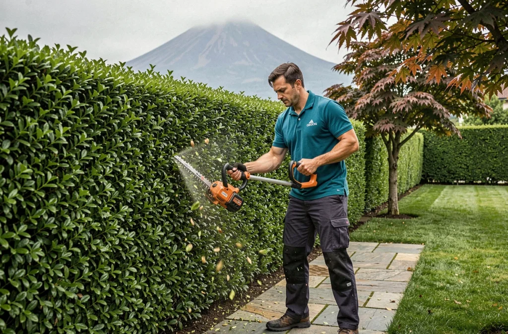 Jardinier d'O2 Jardinage Clermont-Ferrand taillant une haie de buis avec le Puy de Dôme en arrière-plan