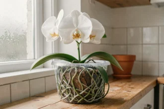 Orchidée Phalaenopsis blanche dans un pot transparent laissant voir les racines vertes et argentées sur une table en bois