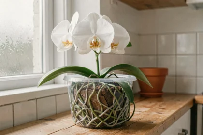 Orchidée Phalaenopsis blanche dans un pot transparent laissant voir les racines vertes et argentées sur une table en bois