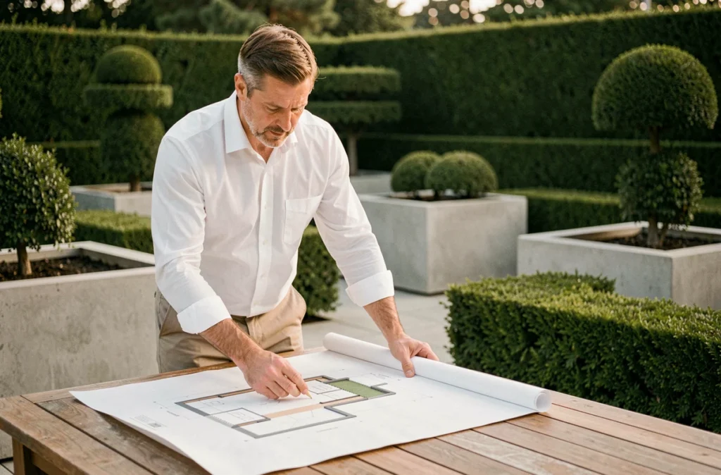 Concepteur paysager étudiant des plans de jardin devant un aménagement moderne aux lignes épurées et haies géométriques