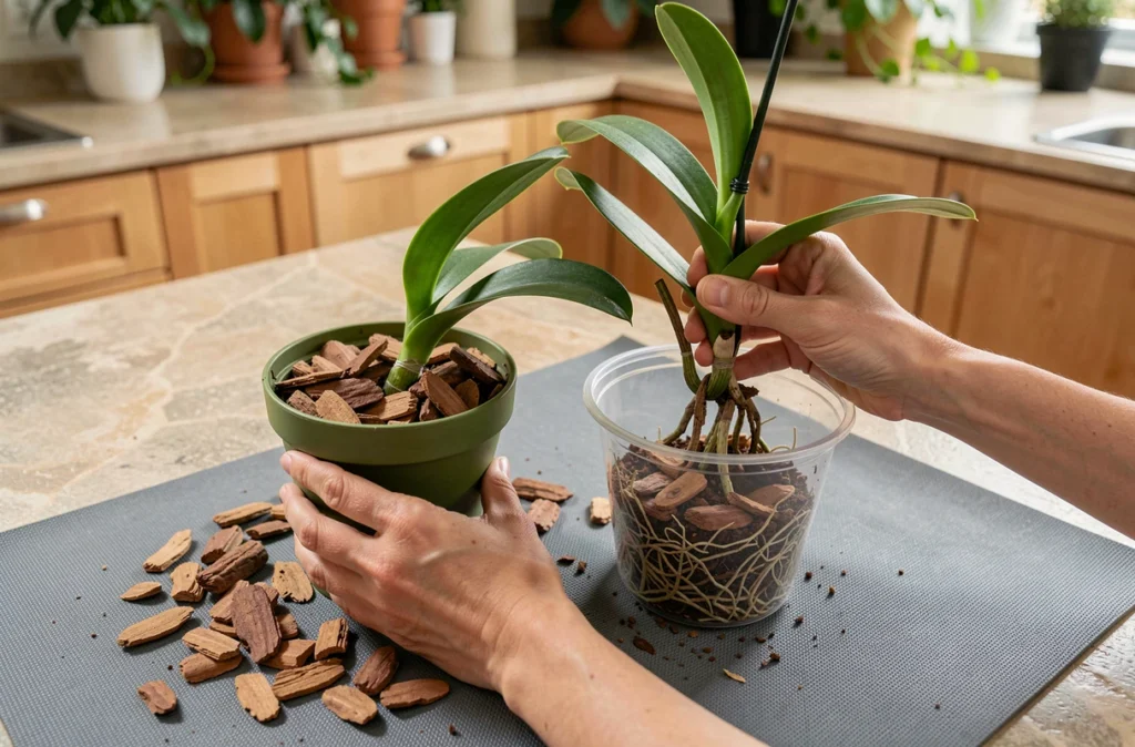 Rempotage d'une orchidée Phalaenopsis dans un pot transparent avec substrat en écorce visible sur un plan de travail de cuisine