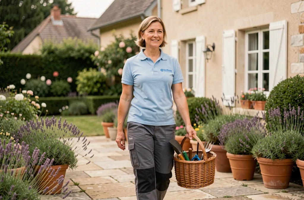 Professionnelle de Rhône-Alpes Assistance portant des outils de jardinage dans un jardin résidentiel soigné