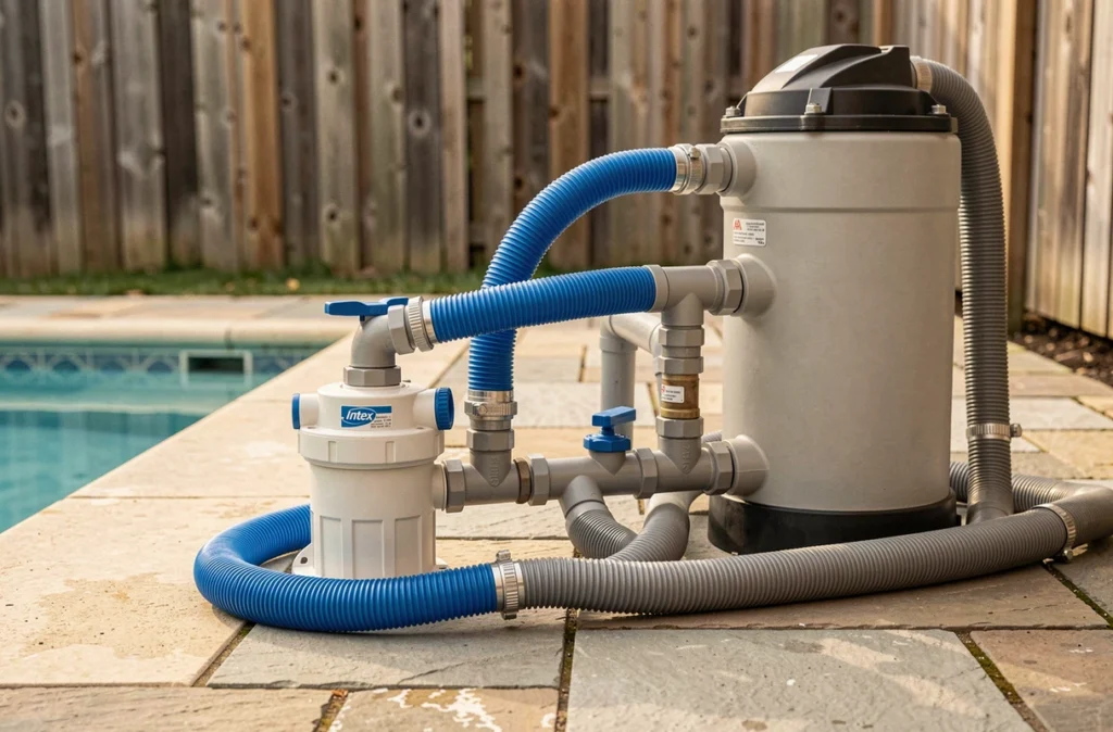 Schéma d'installation pompe piscine Intex connectée à un système de filtration élargi pour grande piscine
