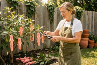 Femme qui taille un arbre à crevette dans un jardin avec un sécateur, routine d'entretien après la coupe