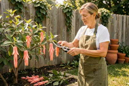 Femme qui taille un arbre à crevette dans un jardin avec un sécateur, routine d'entretien après la coupe