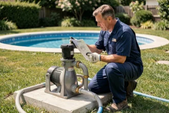 Technicien installant un système de pompe piscine Intex adapté à une grande piscine dans un jardin résidentiel