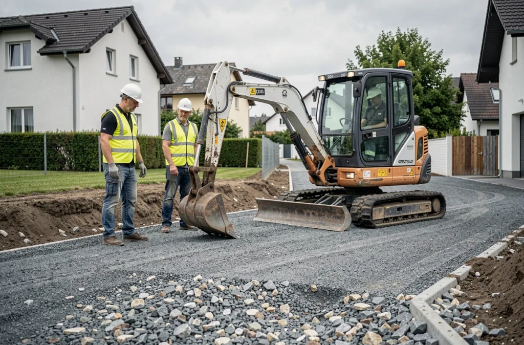 Équipe de terrassement Terratek supervisant une excavatrice sur chenilles lors de l'aménagement d'une allée en gravier dans un lotissement alsacien