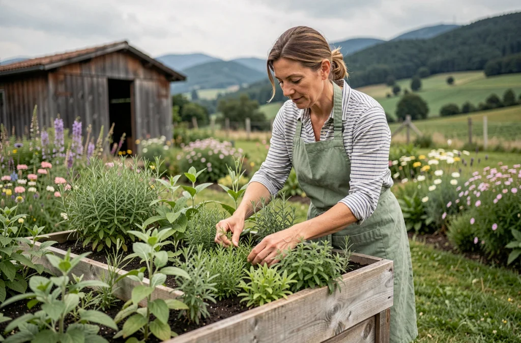 Horticultrice de Vert l'Essentiel arrangeant des plantes aromatiques dans un potager surélevé en bois à la campagne
