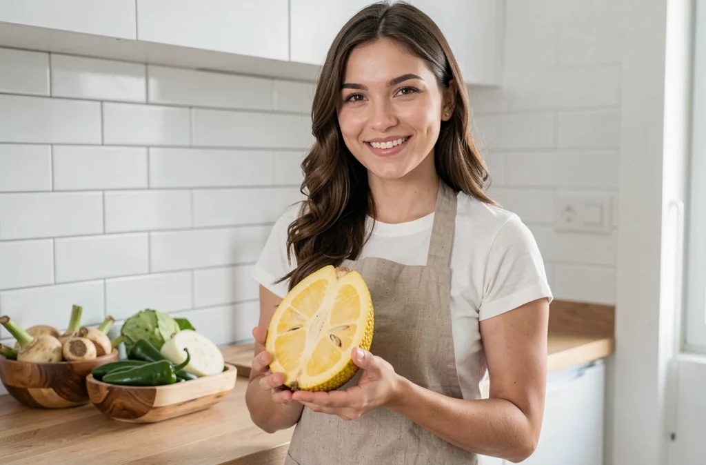 Femme tenant un jackfruit coupé en deux dans une cuisine moderne entourée de légumes en J