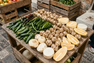 Assortiment de fruits et légumes en J disposés sur une table en bois rustique dans un marché en plein air